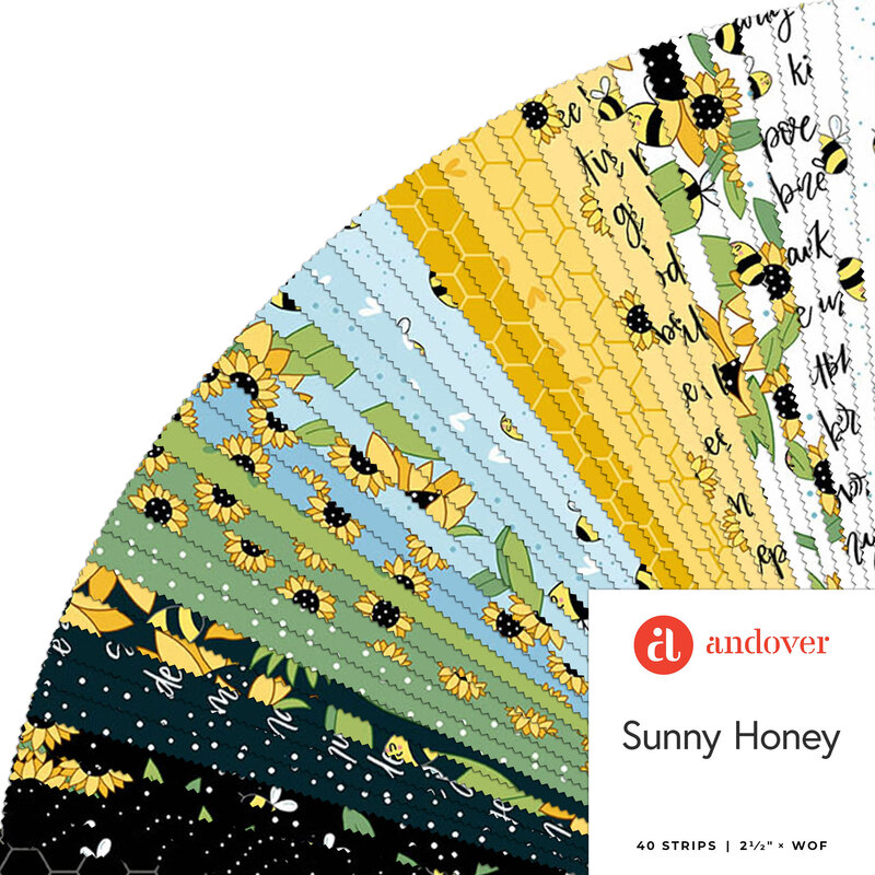 Colorful fabric strips featuring sunflowers and bees, titled Sunny Honey, by Andover Fabrics.