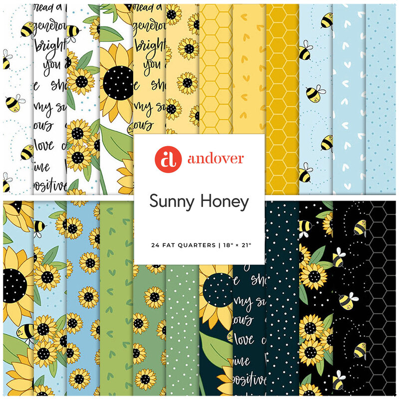 A display of fabric patterns from Andover's Sunny Honey collection featuring sunflowers and bees.