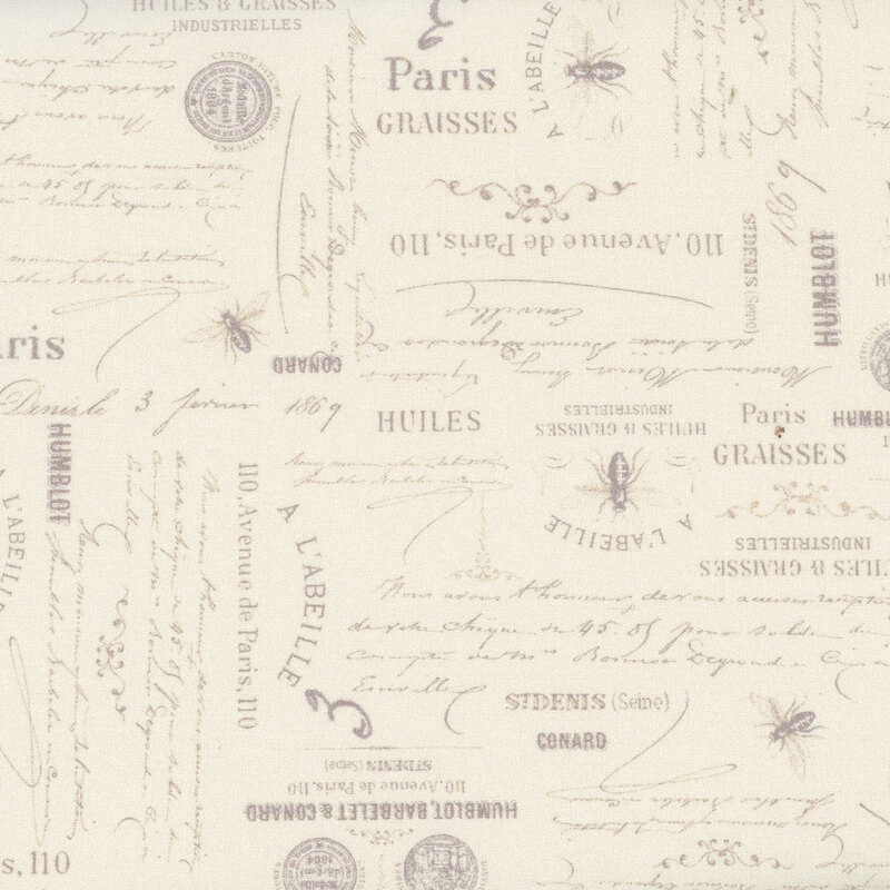 Cream fabric with bees and coins laid out amongst French cursive script.