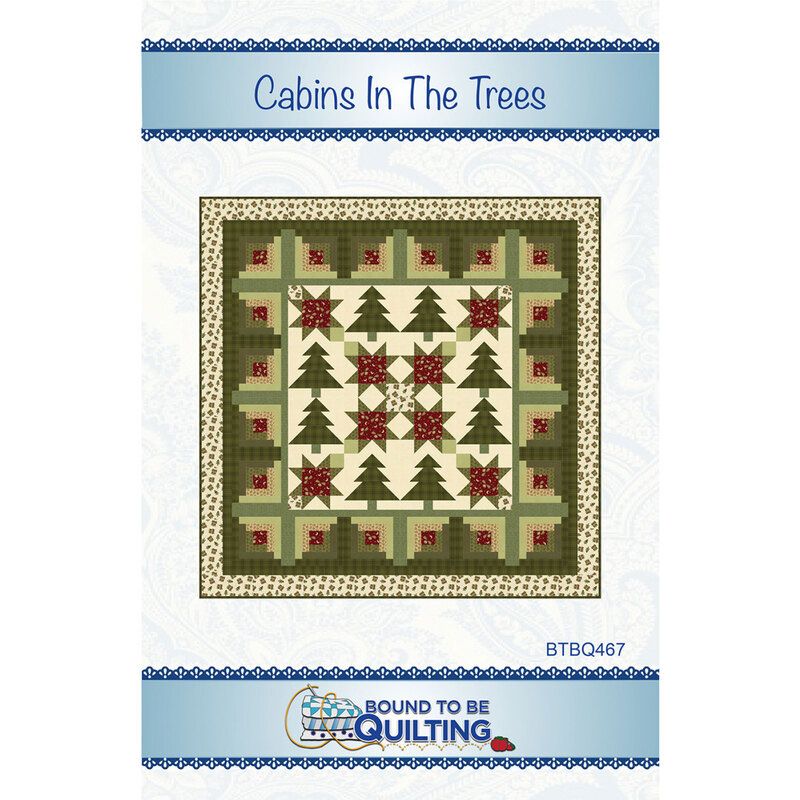 Cover design for a quilt pattern titled Cabins in the Trees, featuring trees and stars in green and red.