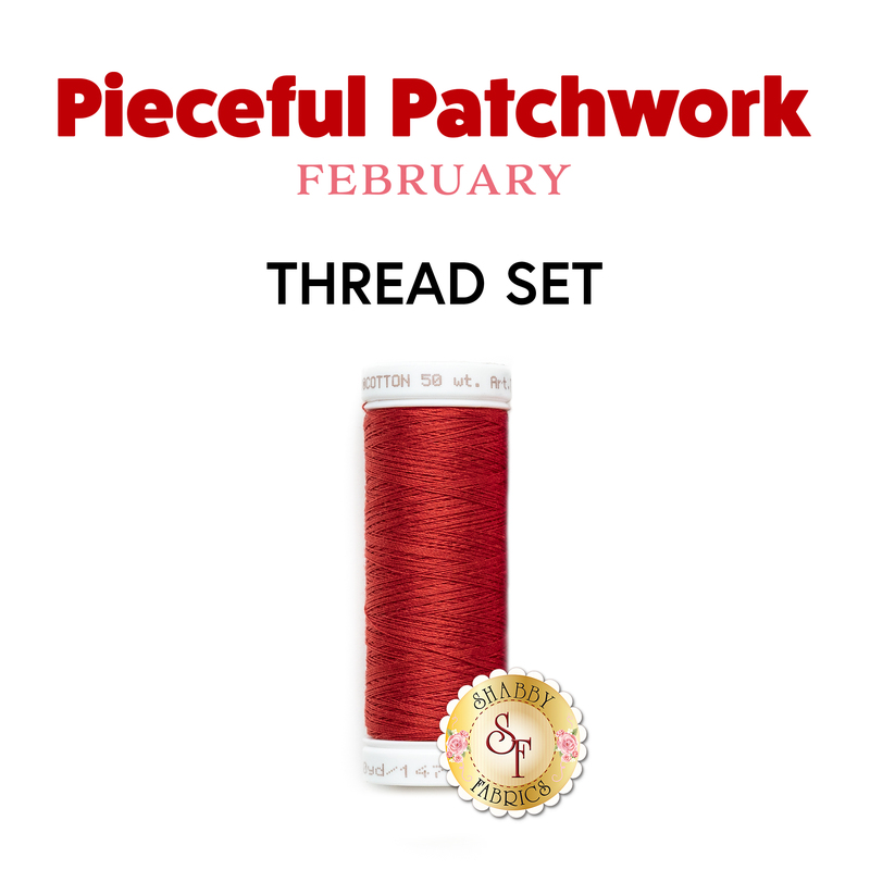 The Pieceful Patchwork thread set for February, a single red spool of thread isolated on a white background below a text graphic.