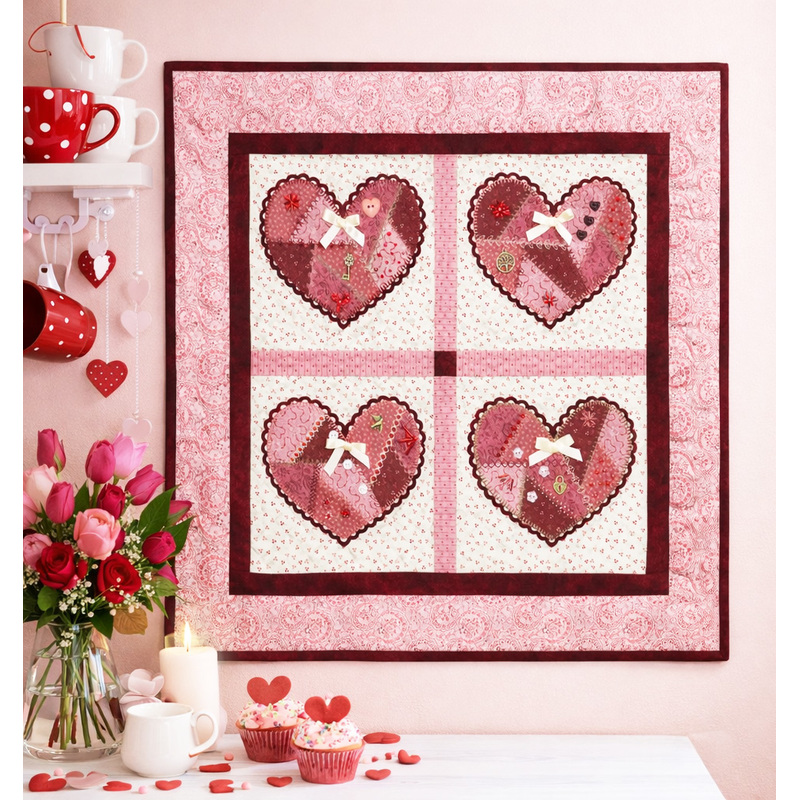 Quilt featuring four heart designs in pink and red, displayed on a pink wall with flowers and cupcakes.