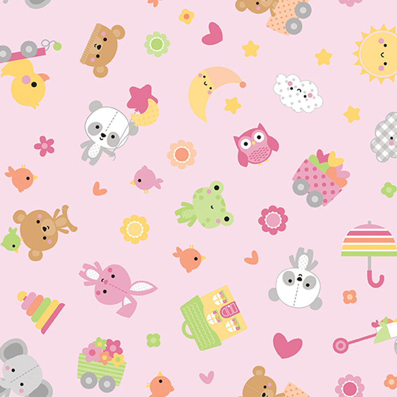 Soft pink fabric with tossed animals, toys, hearts and stars, and other baby motifs.