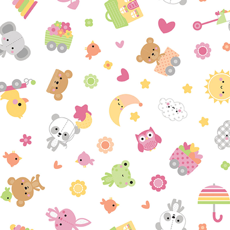 White fabric with tossed animals, toys, hearts and stars, and other baby motifs.