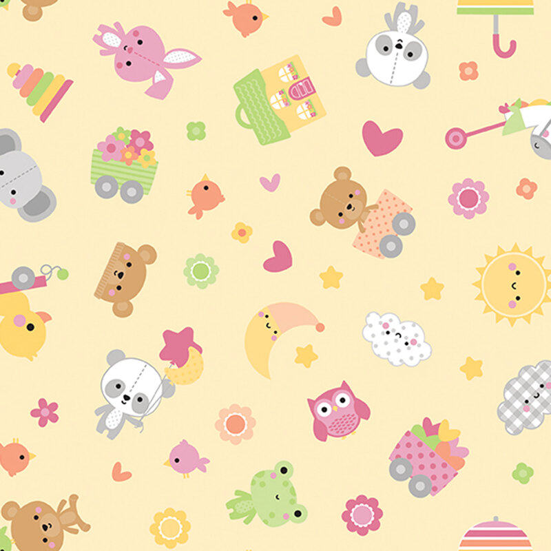 Soft yellow fabric with tossed animals, toys, hearts and stars, and other baby motifs.