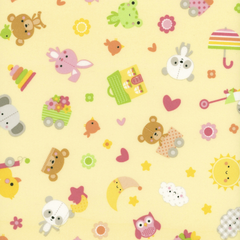 Soft yellow fabric with tossed animals, toys, hearts and stars, and other baby motifs.