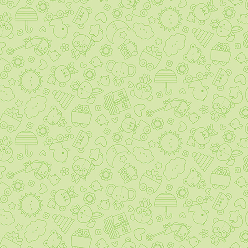 Soft green fabric with a tonal outlined compact design of stuffed animals, hearts and stars, toys, and other baby motifs.
