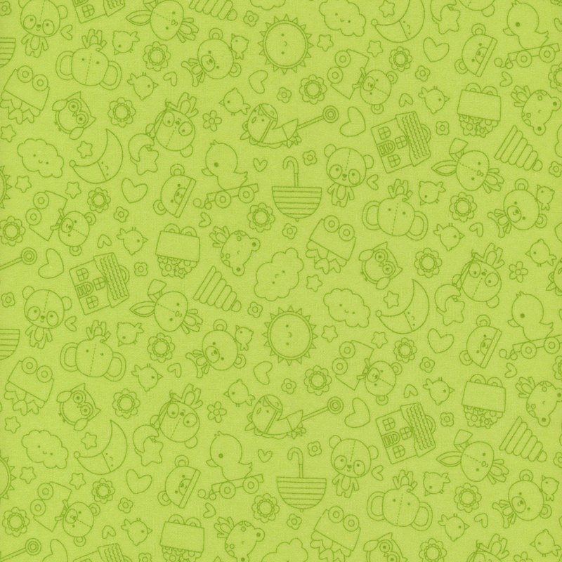 Lime green fabric with a tonal outlined compact design of stuffed animals, hearts and stars, toys, and other baby motifs.