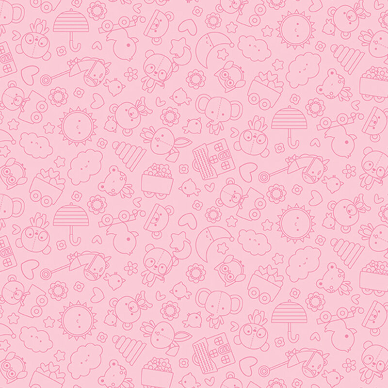 Soft pink fabric with a tonal outlined compact design of stuffed animals, hearts and stars, toys, and other baby motifs.
