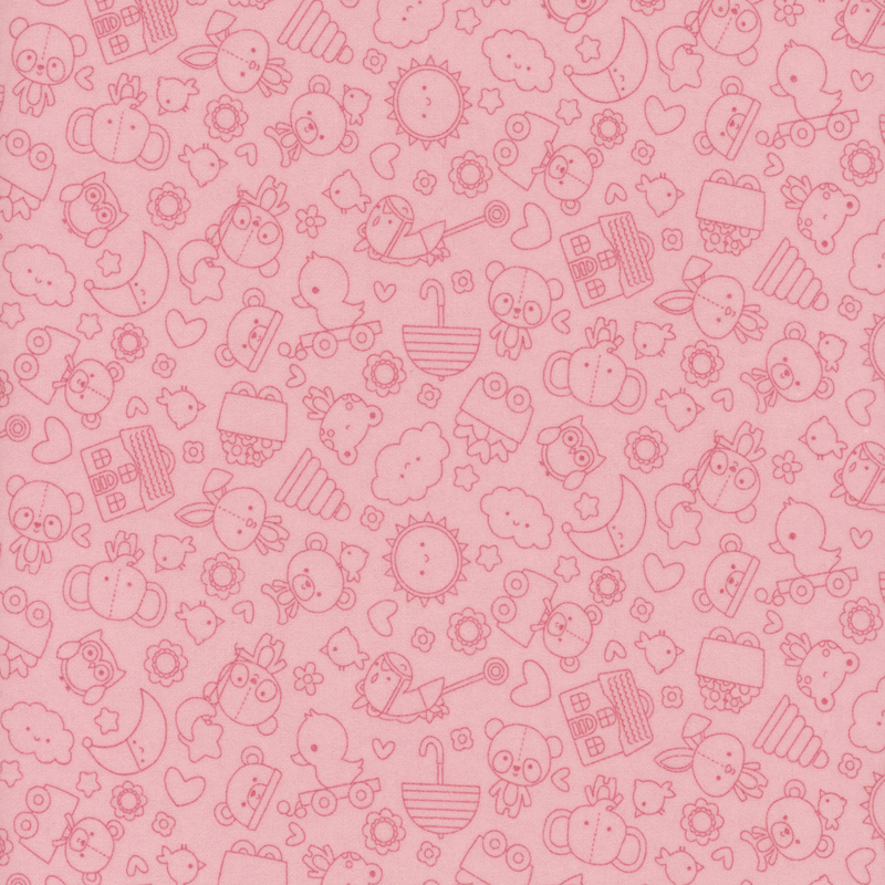 Soft pink fabric with a tonal outlined compact design of stuffed animals, hearts and stars, toys, and other baby motifs.
