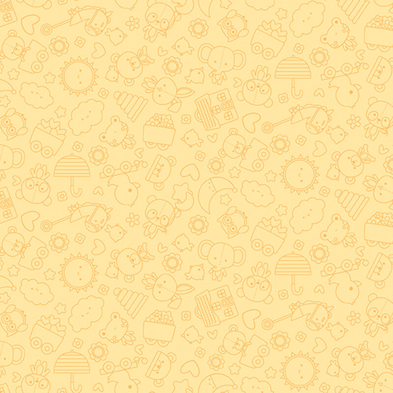 Soft yellow fabric with a tonal outlined compact design of stuffed animals, hearts and stars, toys, and other baby motifs.
