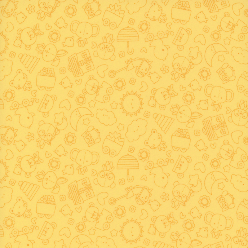 Dandelion yellow fabric with a tonal outlined compact design of stuffed animals, hearts and stars, toys, and other baby motifs.