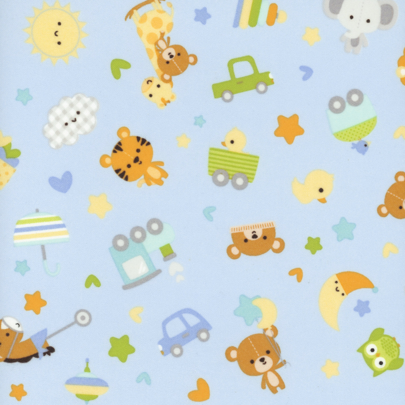 Pastel blue fabric with tossed stuffed animals, pull toys, and hearts and stars.