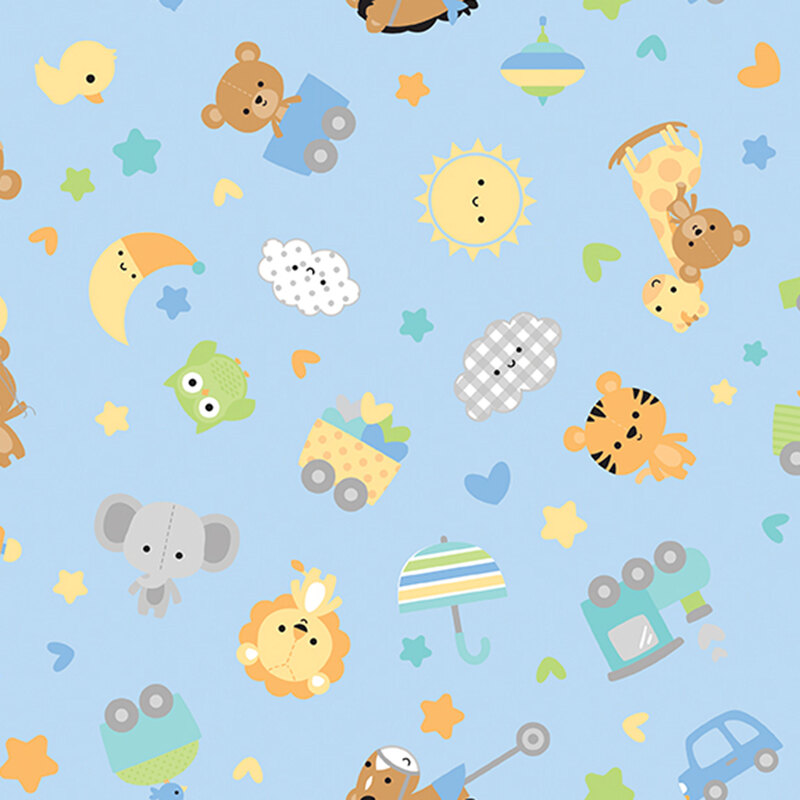 Pastel blue fabric with tossed stuffed animals, pull toys, and hearts and stars.