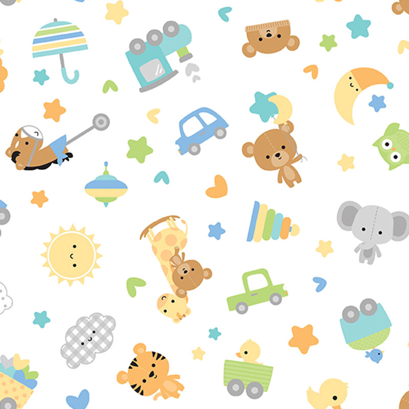 White fabric with tossed stuffed animals, pull toys, and hearts and stars.