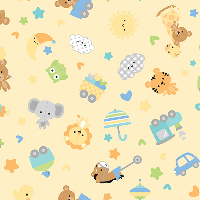 Pastel yellow fabric with tossed stuffed animals, pull toys, and hearts and stars.
