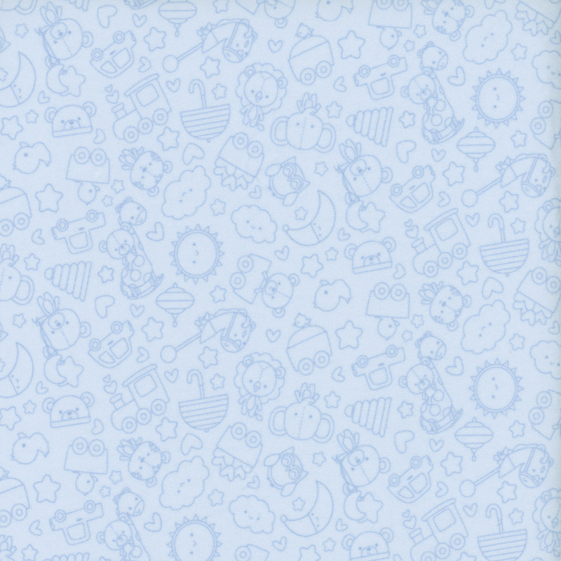 Pastel blue fabric with tonal outlines of tossed stuffed animals, pull toys, and hearts and stars.