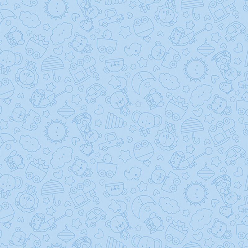 Pastel blue fabric with tonal outlines of tossed stuffed animals, pull toys, and hearts and stars.
