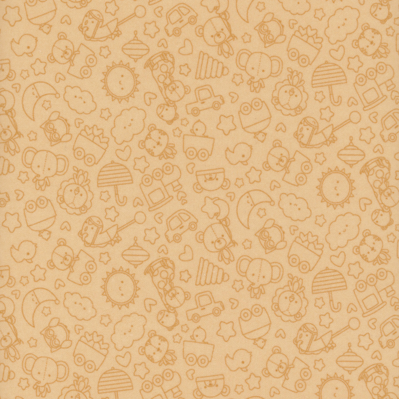 Light pastel brown fabric with tonal outlines of tossed stuffed animals, pull toys, and hearts and stars.