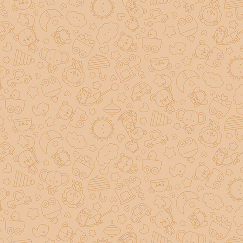 Light pastel brown fabric with tonal outlines of tossed stuffed animals, pull toys, and hearts and stars.