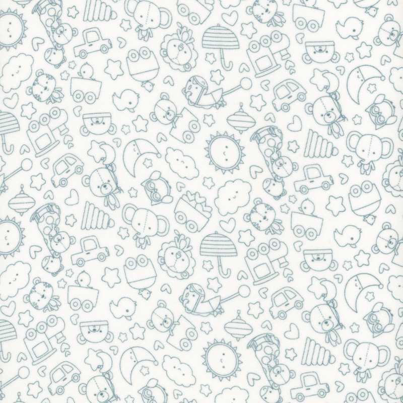 White fabric with dark blue outlines of tossed stuffed animals, pull toys, and hearts and stars.