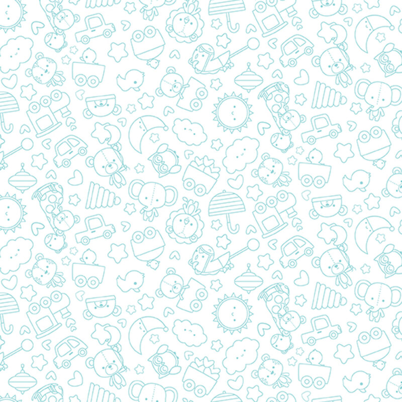 White fabric with pastel blue outlines of tossed stuffed animals, pull toys, and hearts and stars.