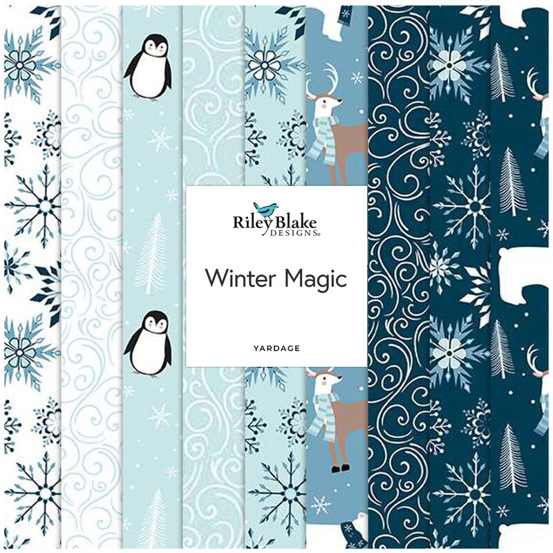 a collection of blue and white fabrics involving winter themed designs 