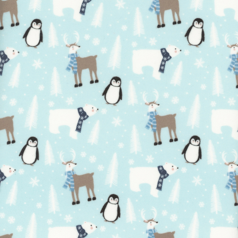 Penguins, polar bears, and deer set all on a aqua background with white trees and snowflakes