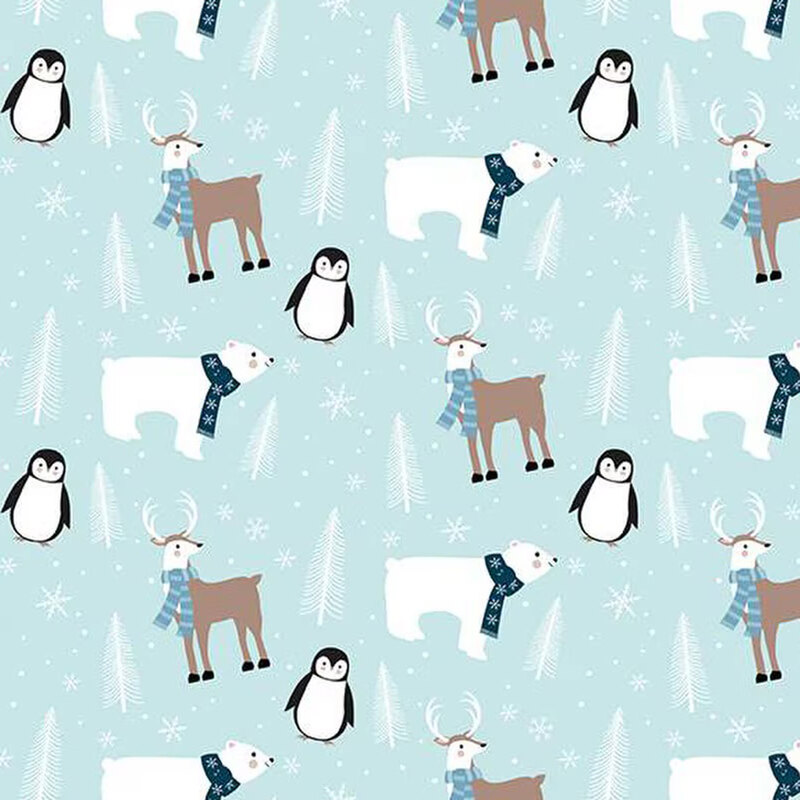 Penguins, polar bears, and deer set all on a aqua background with white trees and snowflakes