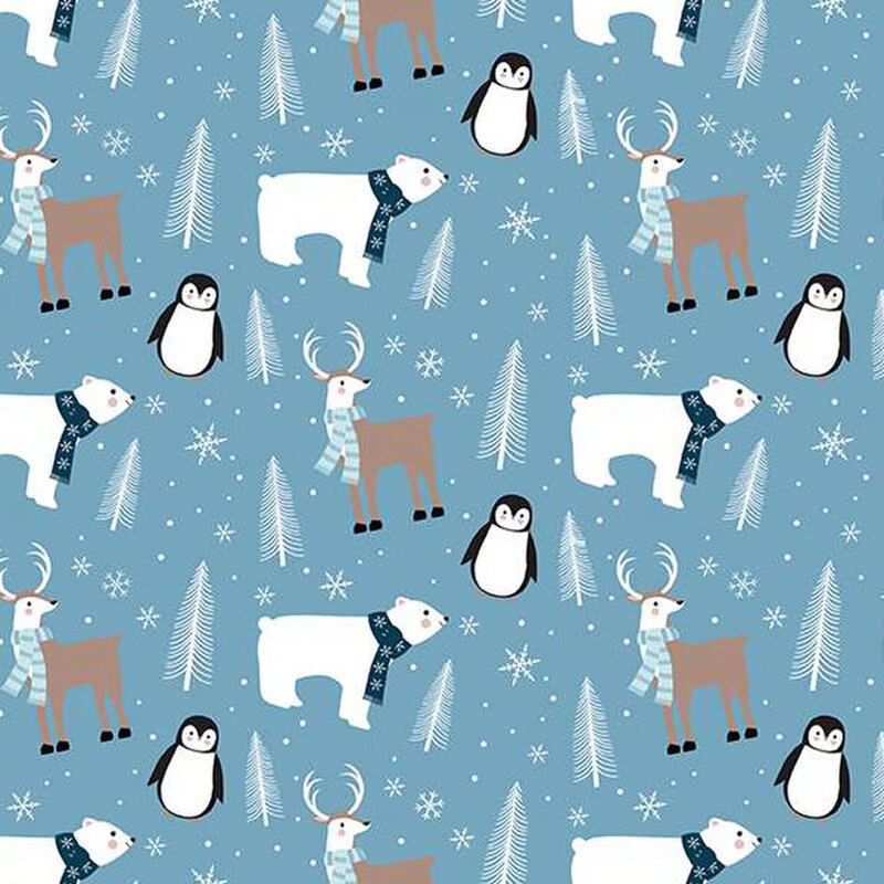 Penguins, polar bears, and deer set all on a Blue background with white trees and snowflakes