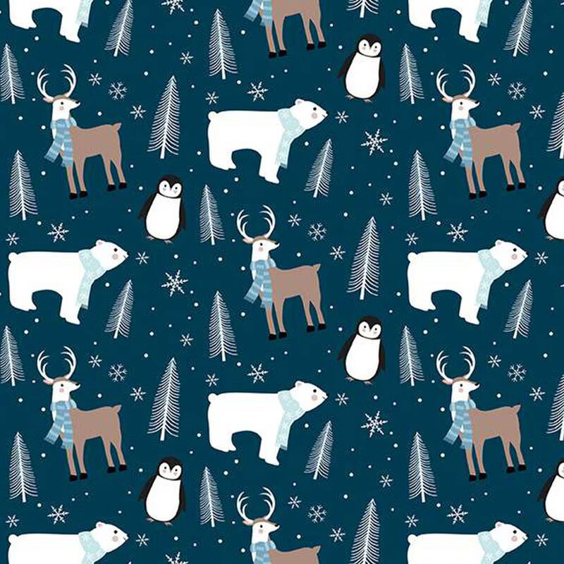 Penguins, polar bears, and deer set all on a navy background with white trees and snowflakes