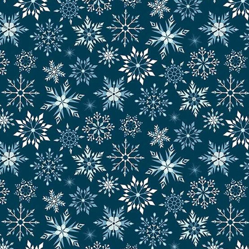 Different snowflake patterns set on a navy background