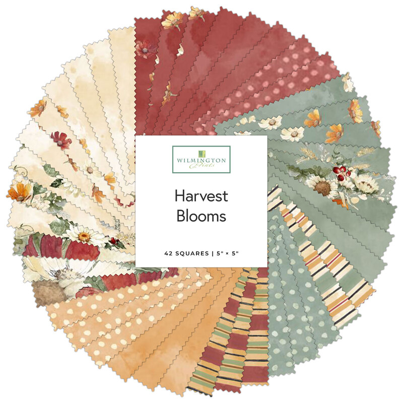 A circular layout of 42 fabric squares in various colors and patterns labeled Harvest Blooms.