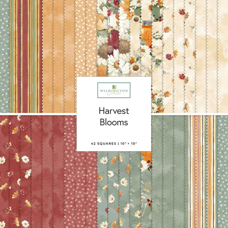 A collection of fabric swatches in various colors and patterns, titled Harvest Blooms.