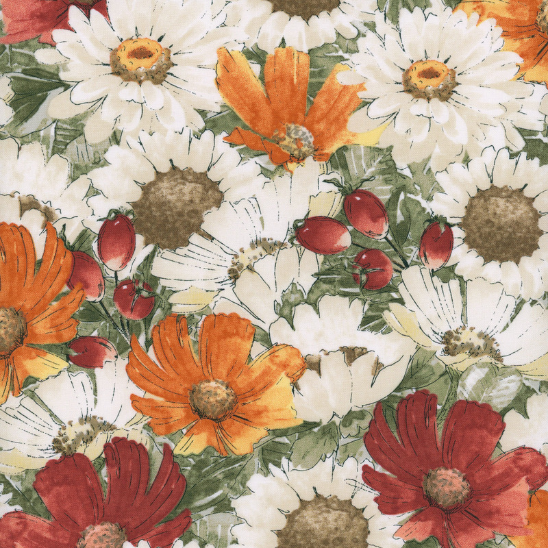 A vibrant watercolor pattern featuring various flowers in shades of orange, red, white, and green.
