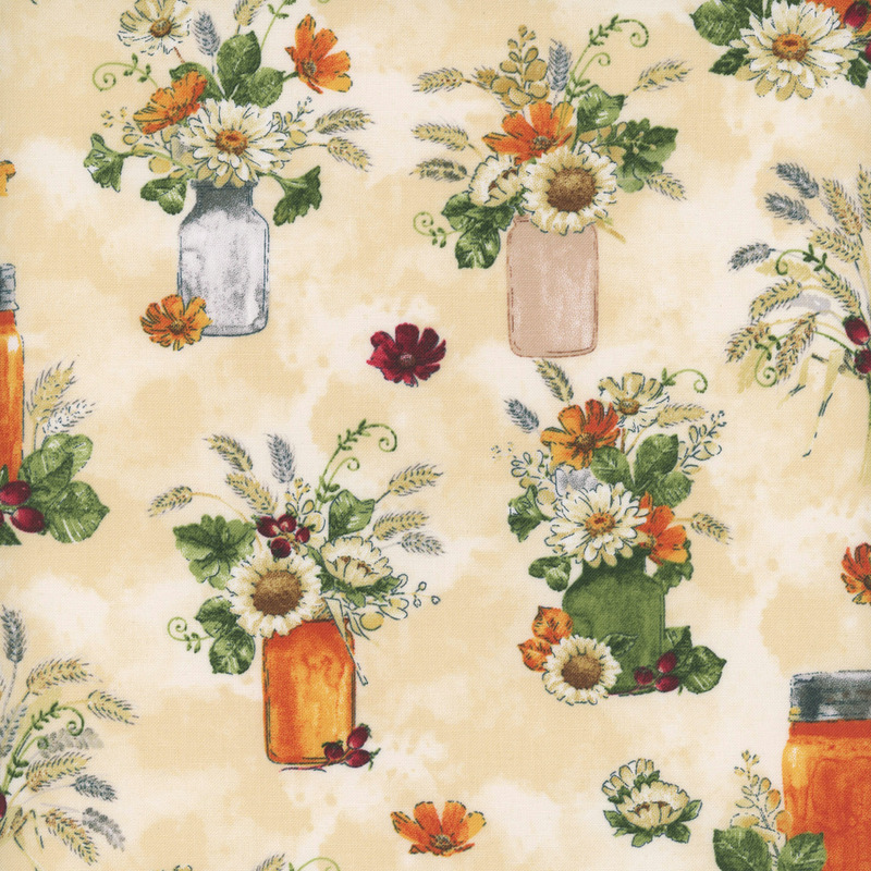 Pattern featuring jars filled with flowers and greenery on a soft, warm fabric.
