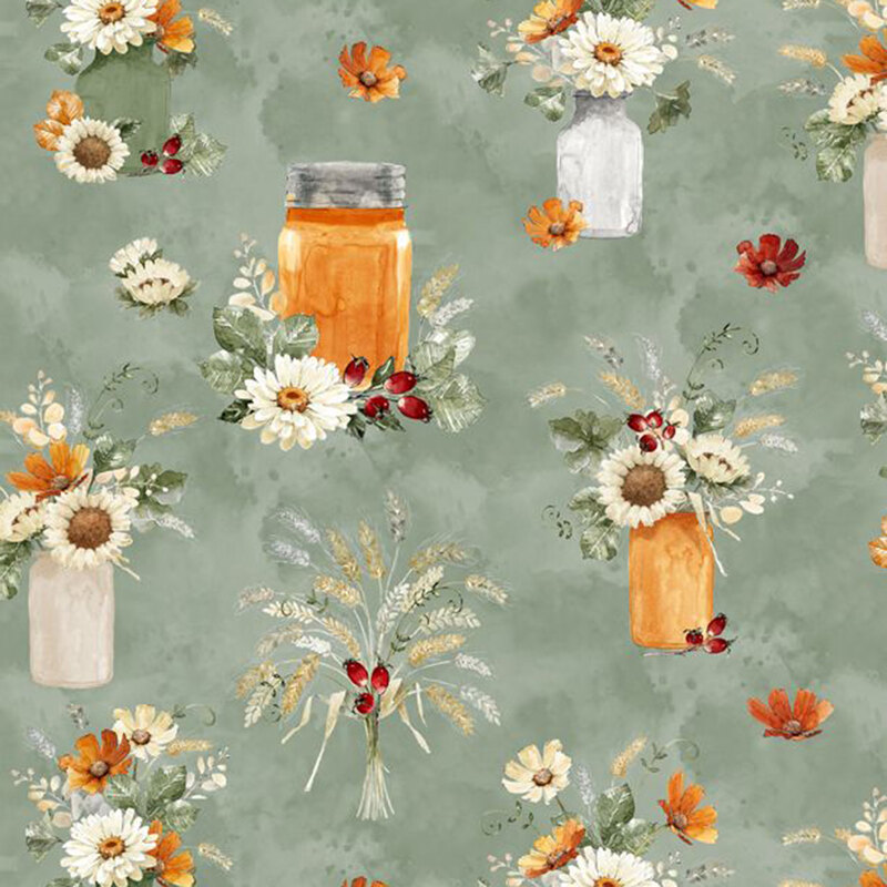 Pattern featuring mason jars filled with colorful flowers on a green fabric.