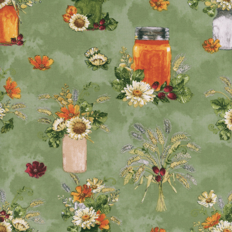 Pattern featuring mason jars filled with colorful flowers on a green fabric.