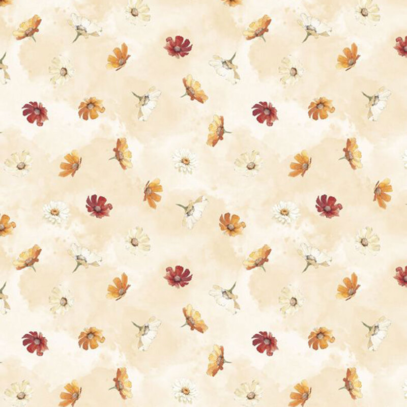 Repeating pattern of multicolored flowers on a soft beige fabric.