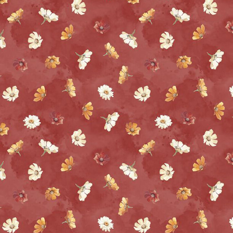 Pattern of assorted flowers in white, yellow, and orange on a dark red background.