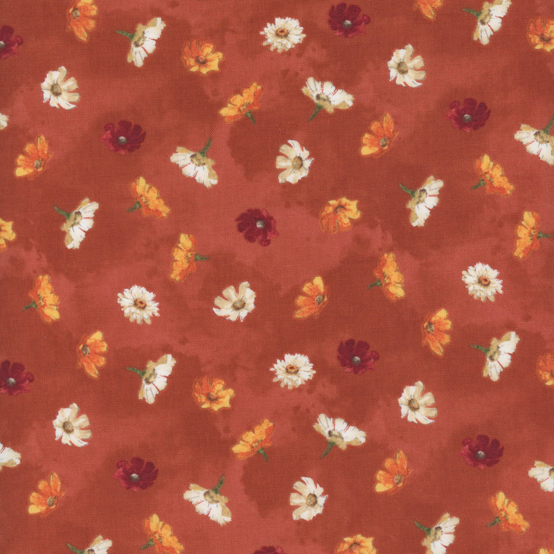 Pattern of assorted flowers in white, yellow, and orange on a dark red background.