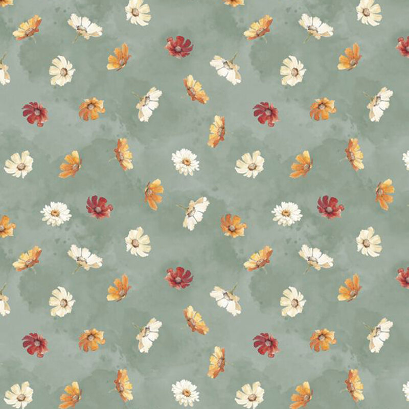 A repeating pattern of various flowers in white, orange, red, and yellow on a muted green fabric.