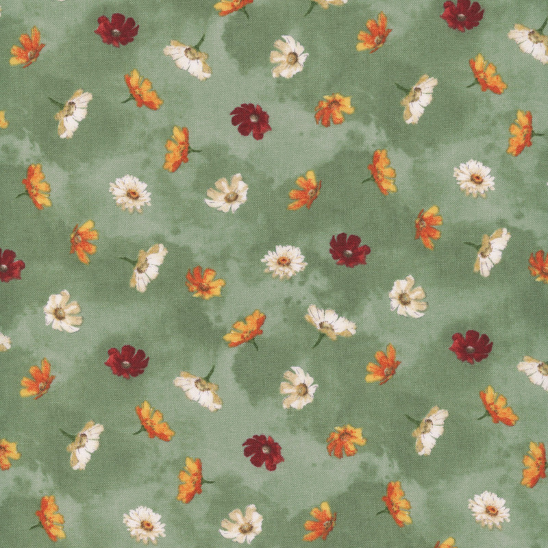 A repeating pattern of various flowers in white, orange, red, and yellow on a muted green fabric.