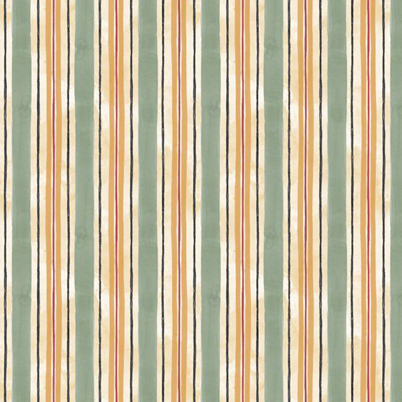 Fabric pattern with vertical stripes in green, cream, and orange hues.