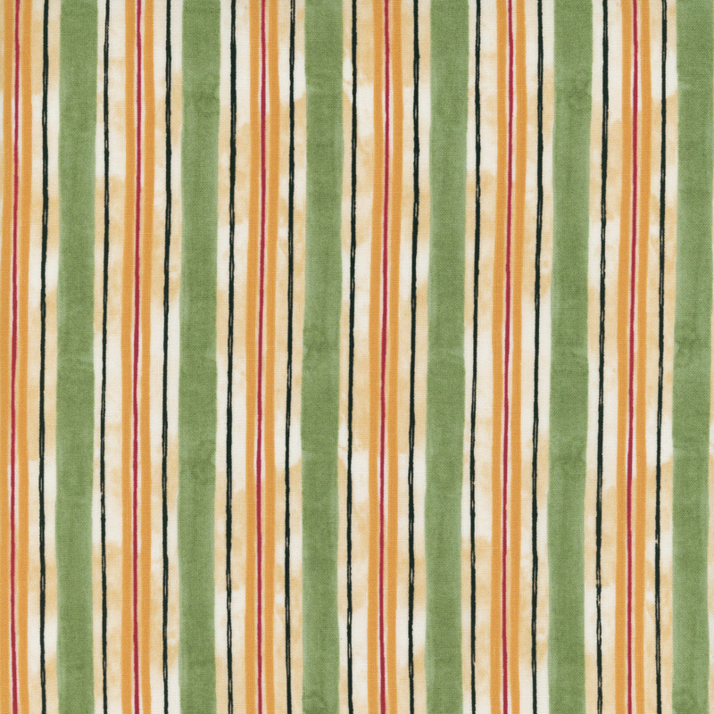 Fabric pattern with vertical stripes in green, cream, and orange hues.
