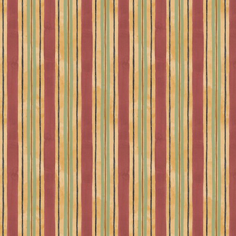 Fabric featuring vertical stripes in shades of red, yellow, and green.