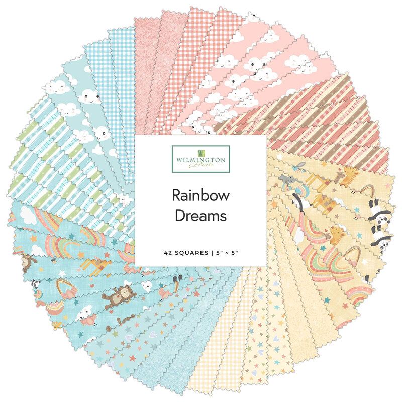 A fanned out collage of the fabrics included in the Rainbow Dreams charm pack.