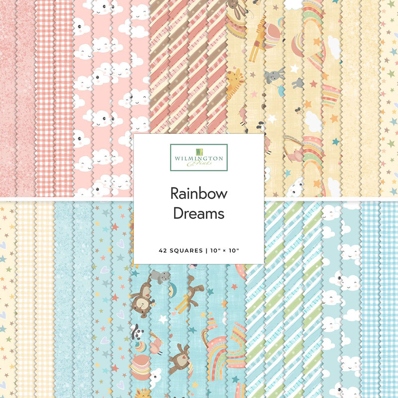 A collage of the fabrics included in the Rainbow Dreams layer cake.