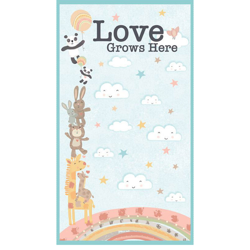 A digital mockup of the full blue panel, showing a rainbow, tossed white clouds, cute animals stacked atop each other, and the text 