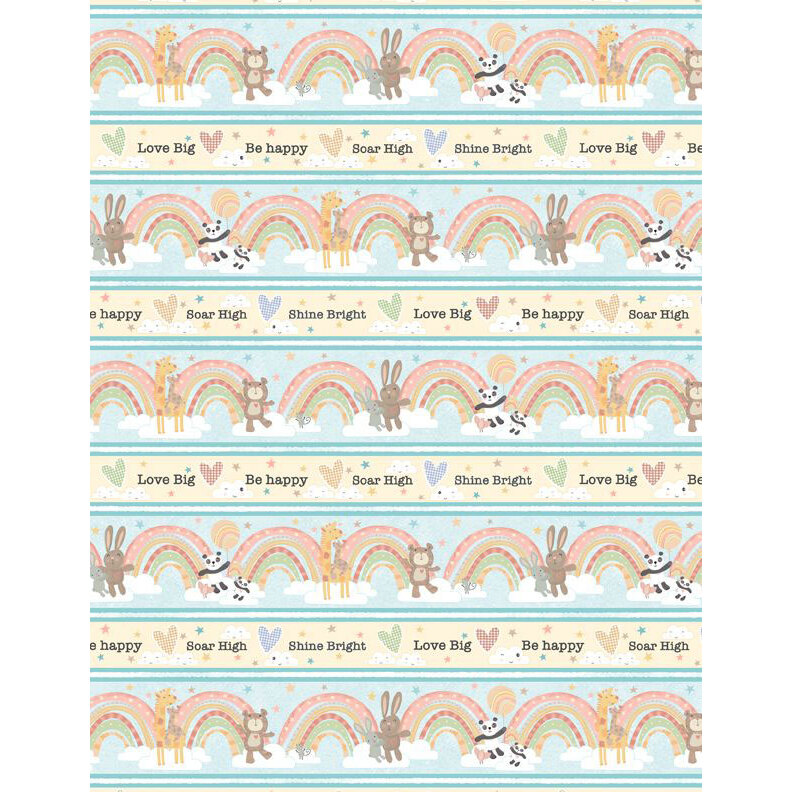 A pastel blue and yellow border stripe print with rows of rainbows, animals, and uplifting words like 